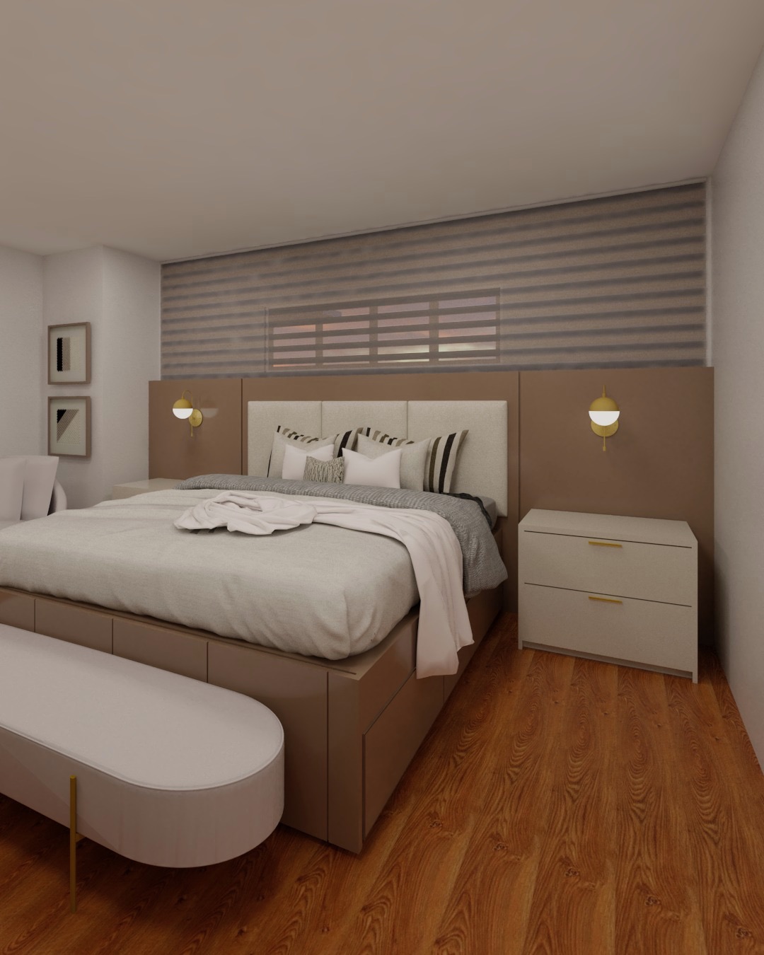 Bedroom with custom upholstered headboard, built-in side panels, and integrated nightstands. Walnut flooring.