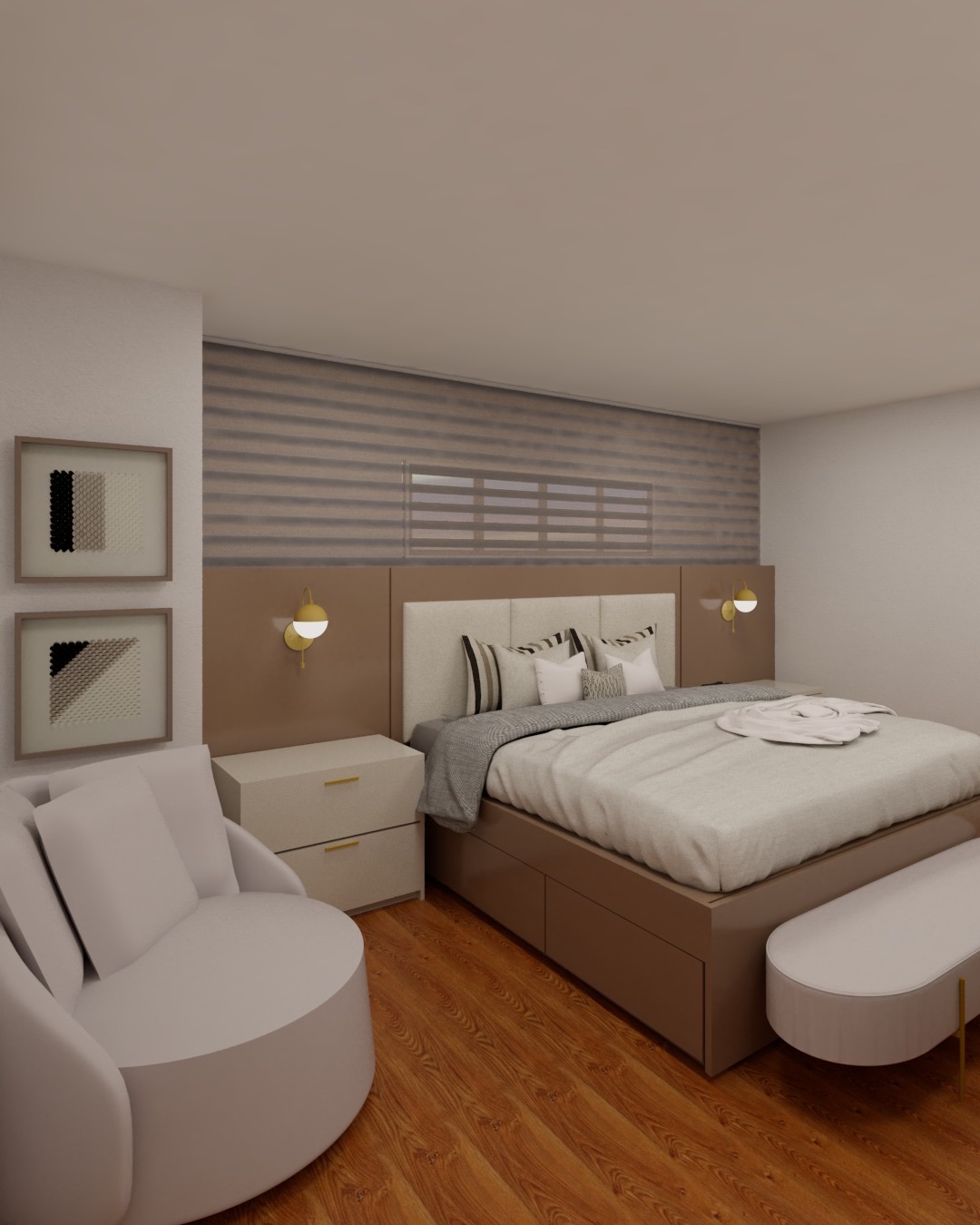 Bedroom features a built-in wall panel in a light brown finish with two integrated brass sconces. The bed frame and headboard are upholstered in a neutral fabric, complemented by two light brown nightstands with gold hardware. Wood flooring and soft furnishings complete the design.