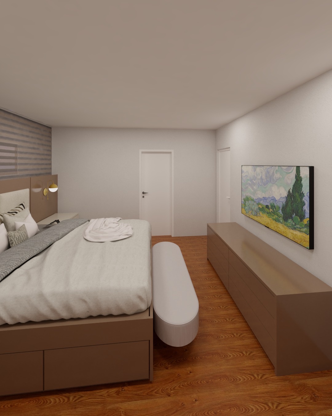 Bedroom with integrated storage bed and custom media console in matte taupe lacquer, warm wood flooring