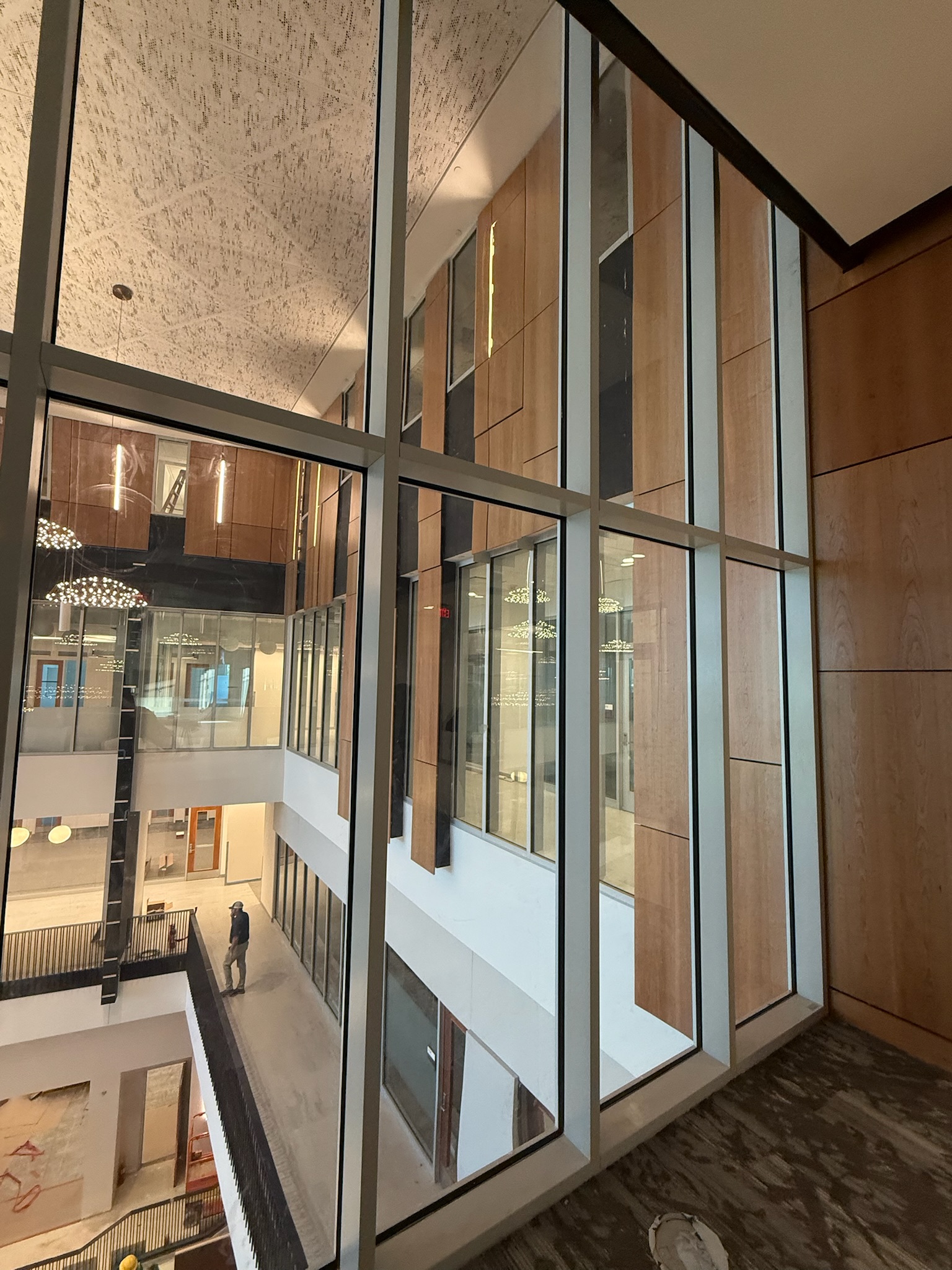 Multi-story atrium with full-height glazing, wood and acoustical panel walls, and multiple balconies, in a college building.