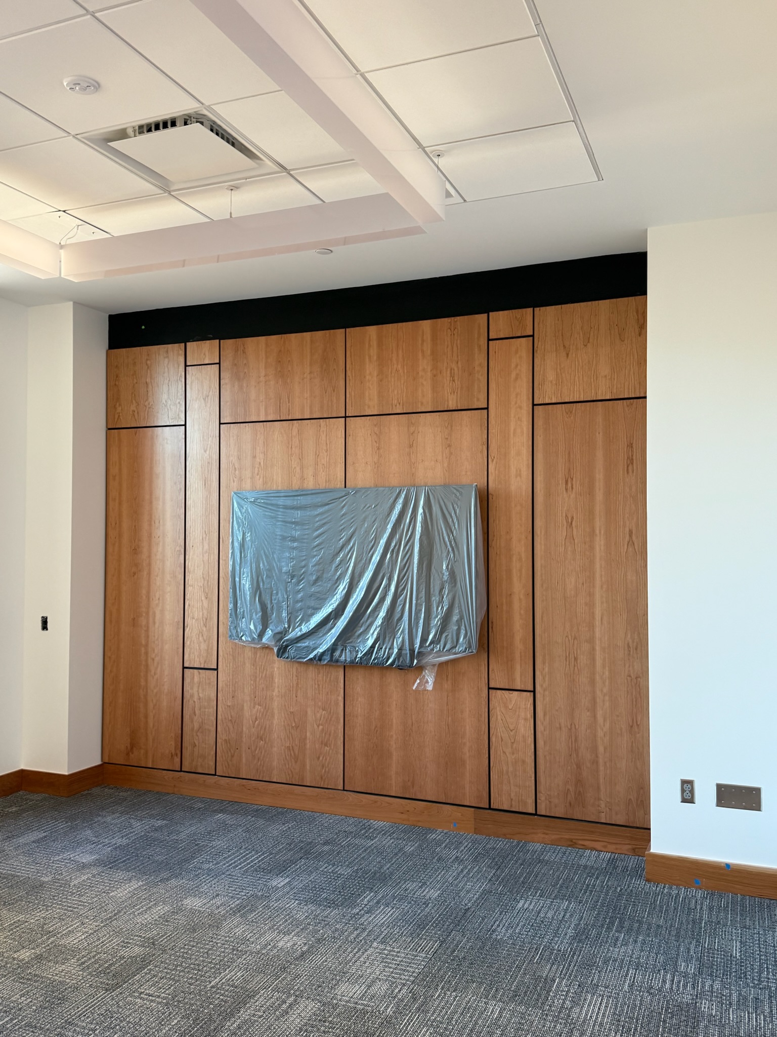 Conference room with cherry wood wall panels, black reveals, and integrated monitor mount. Gray carpet, white ceiling with integrated lighting.