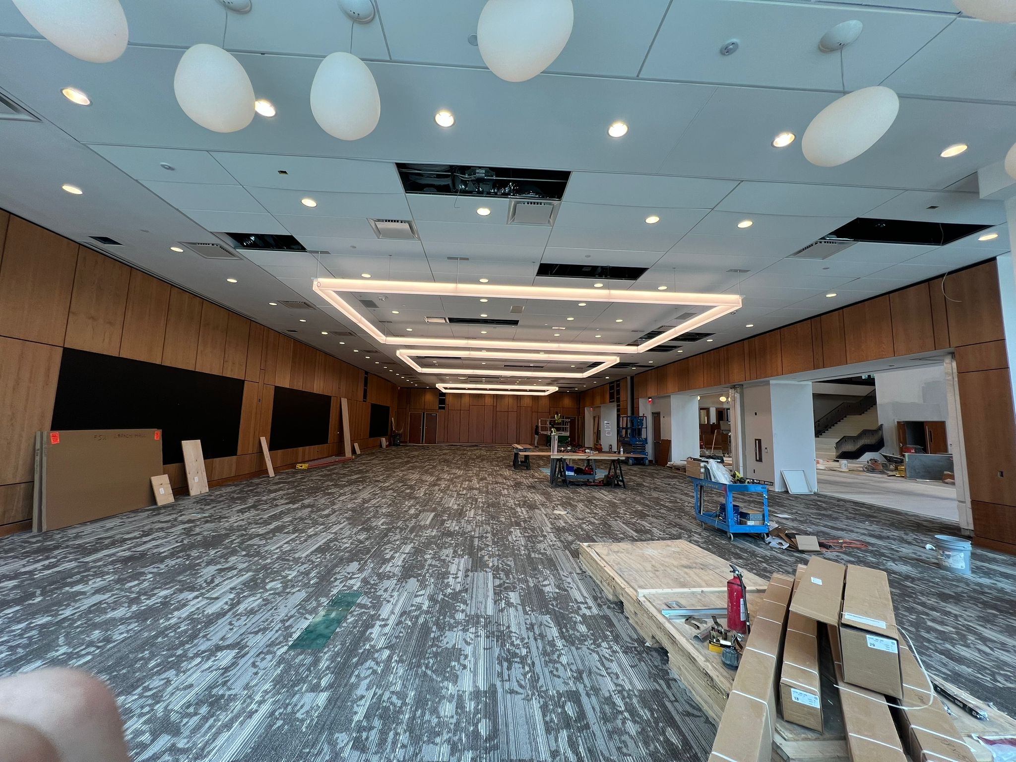 Large university lecture hall with light wood wall paneling and dark accent panels, geometric inset ceiling lighting, and patterned carpet.