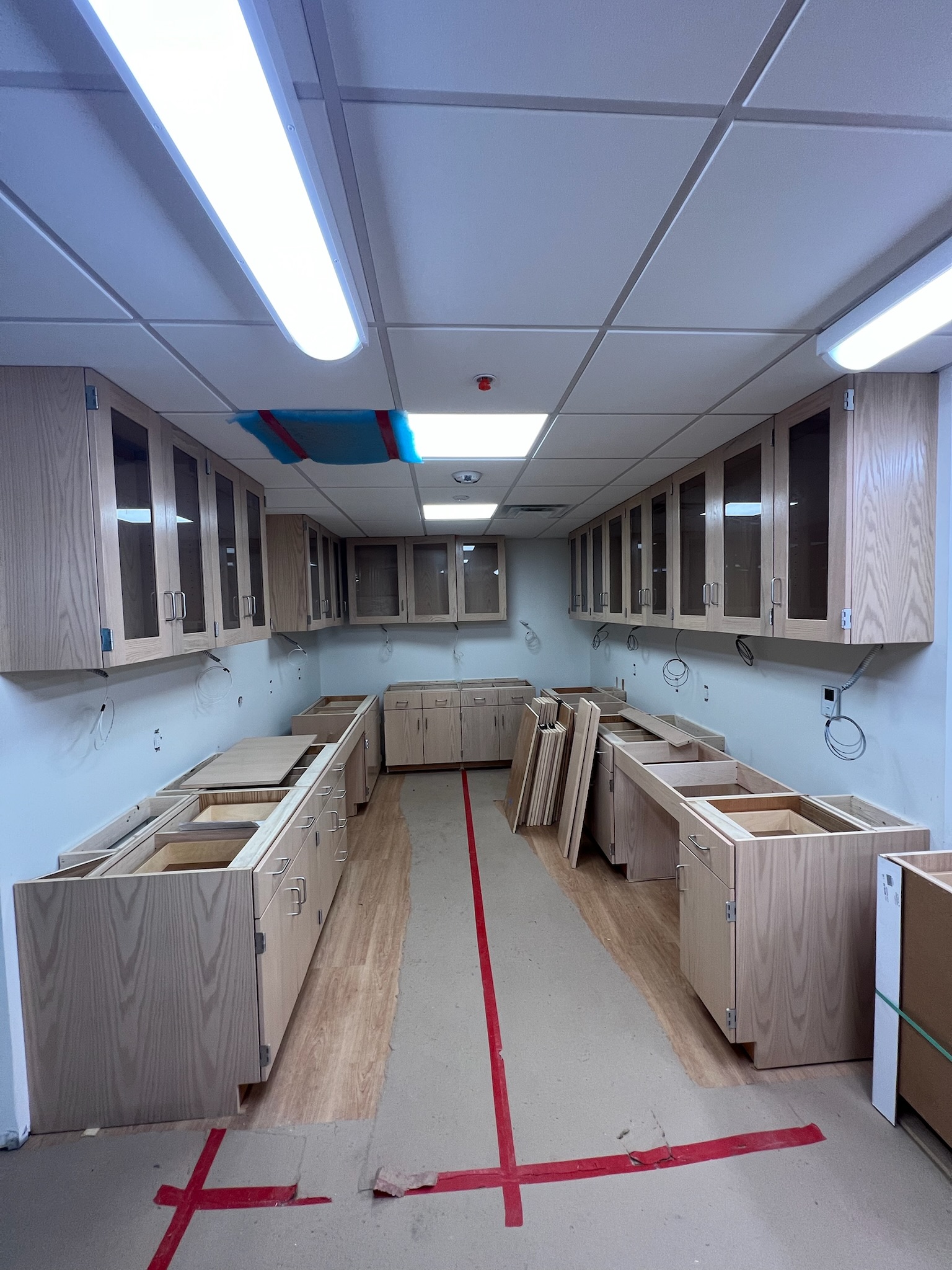 Laboratory with light wood veneer cabinetry, upper cabinets with glass doors and metal pulls, under-cabinet lighting.